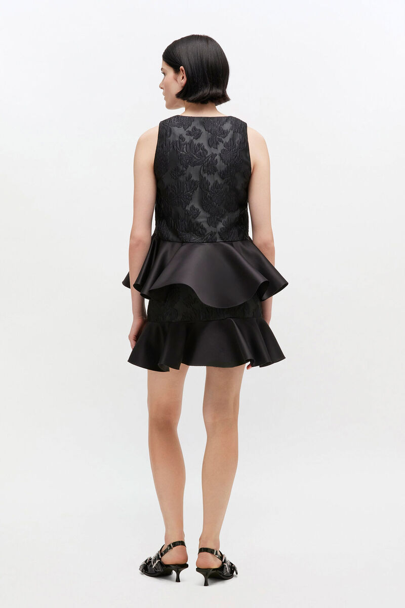 Satin Cloque Peplum Top, in colour Jet Black - 2 - GANNI