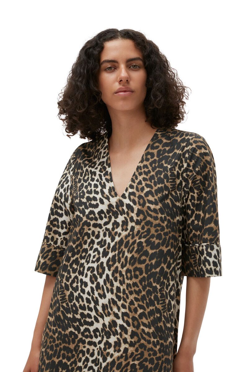 Leopard Wide Midi Dress, Cotton, in colour Big Leopard Almond Milk - 3 - GANNI