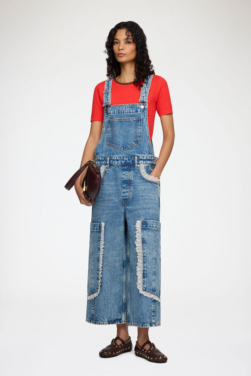 Overalls Cropped Lace in Rigid Denim, Organic Cotton, in colour Dark Blue Vintage - 1 - GANNI
