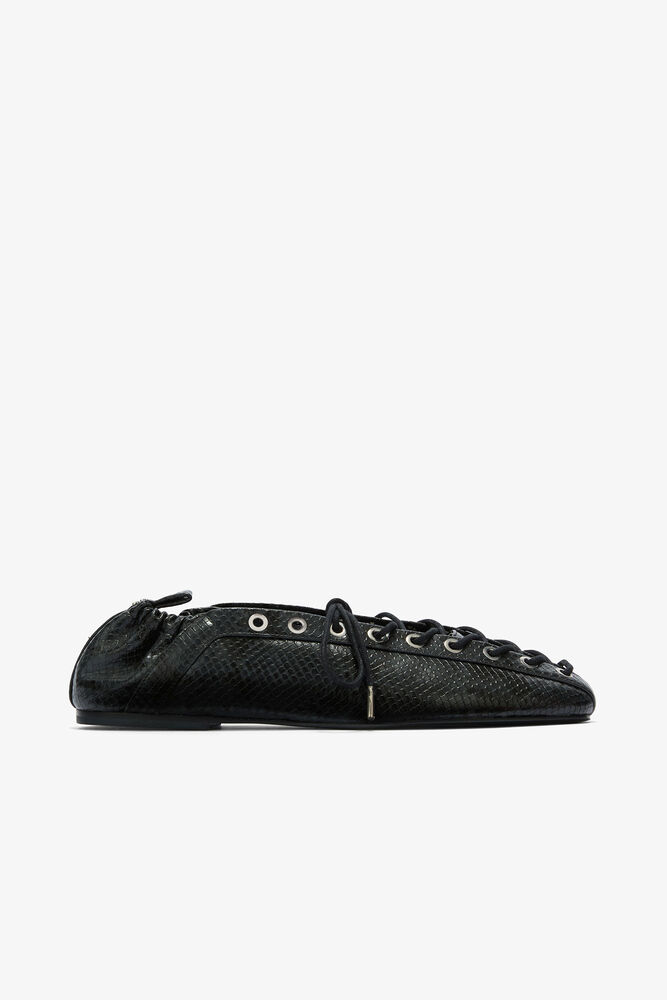 Lace-Up Ballerinas in Black Snake, Croco