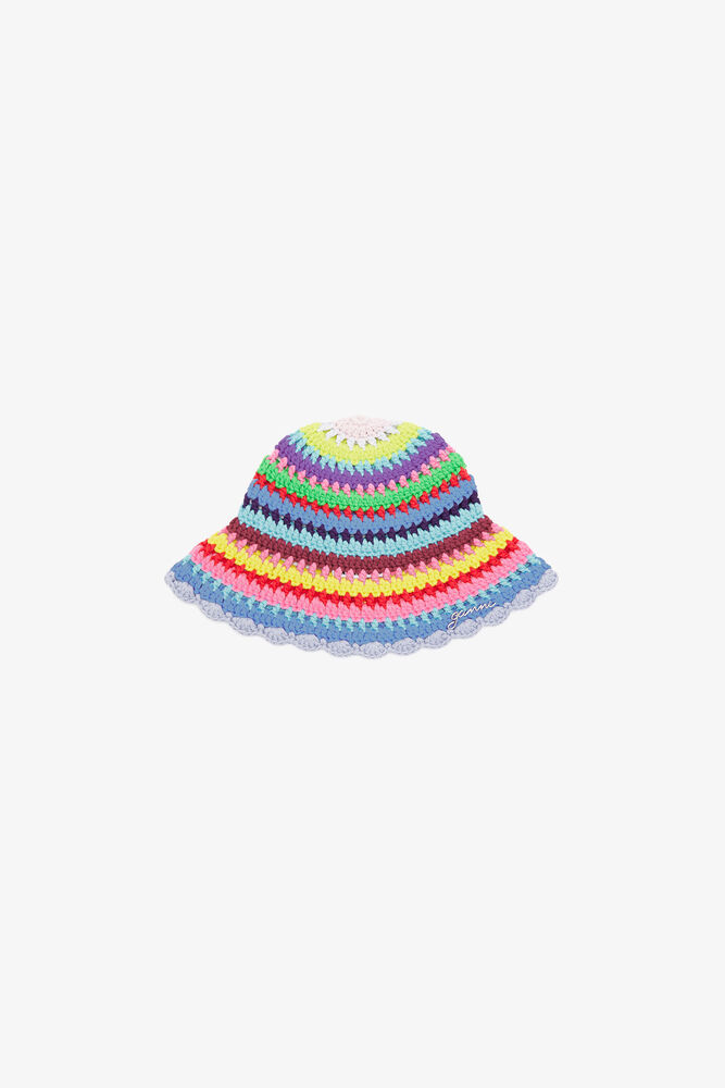 Bucket Hat in Striped Crochet, Multicolour