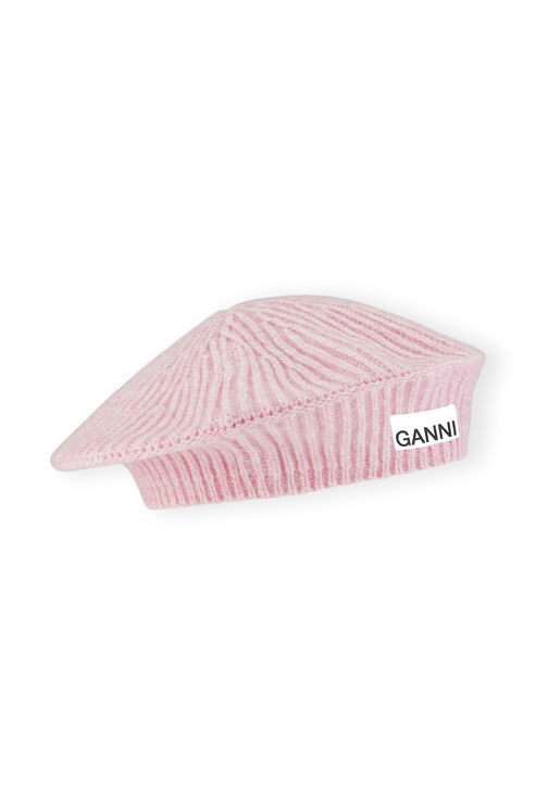 Ganni Structured Rib Knit Wool Blend Beret In Pink
