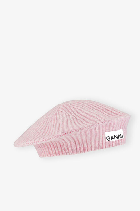 Ganni Structured Rib Knit Wool Blend Beret In Pink