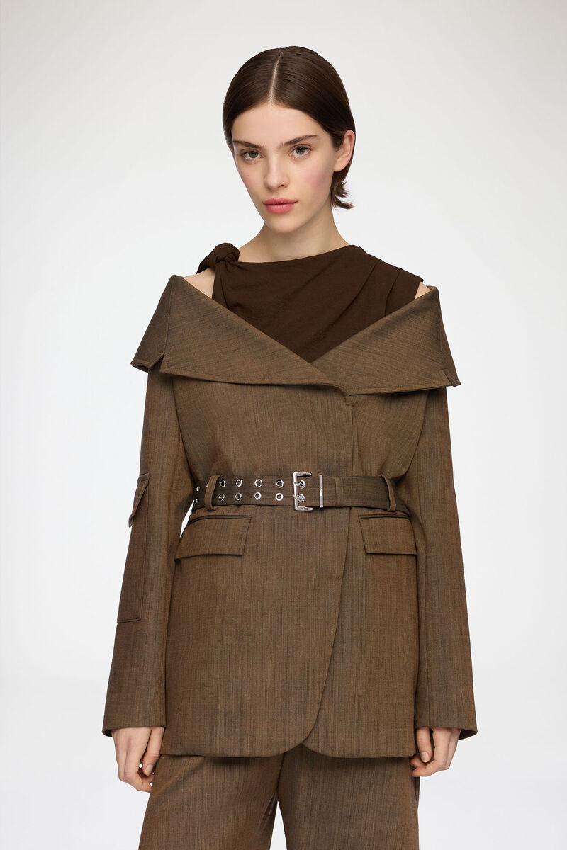 Blazer in Brown Wool Melange, Recycled Wool, in colour Canteen - 1 - GANNI