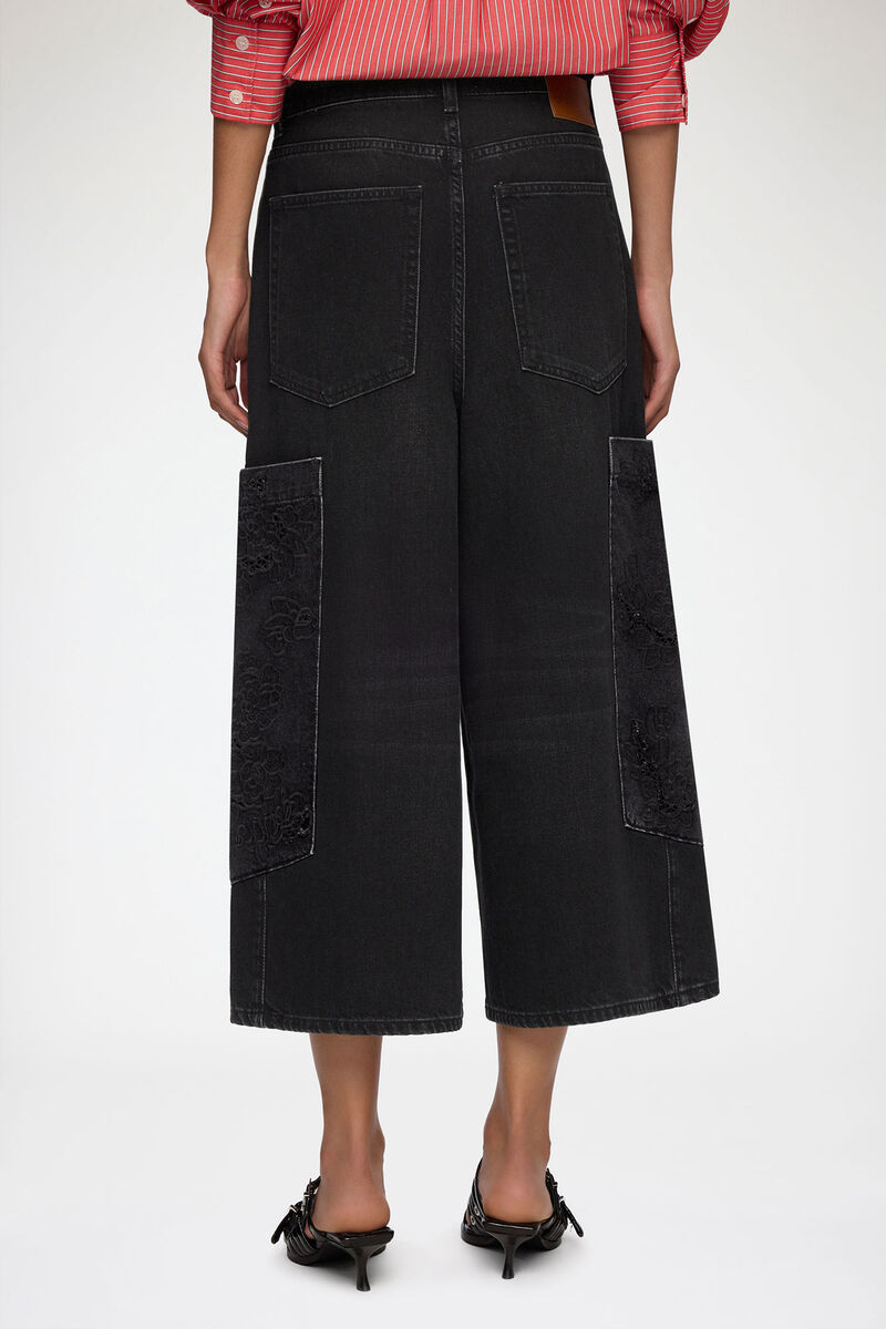 Cropped Cargo Jeans in Black Denim, Organic Cotton, in colour Black Washed - 3 - GANNI
