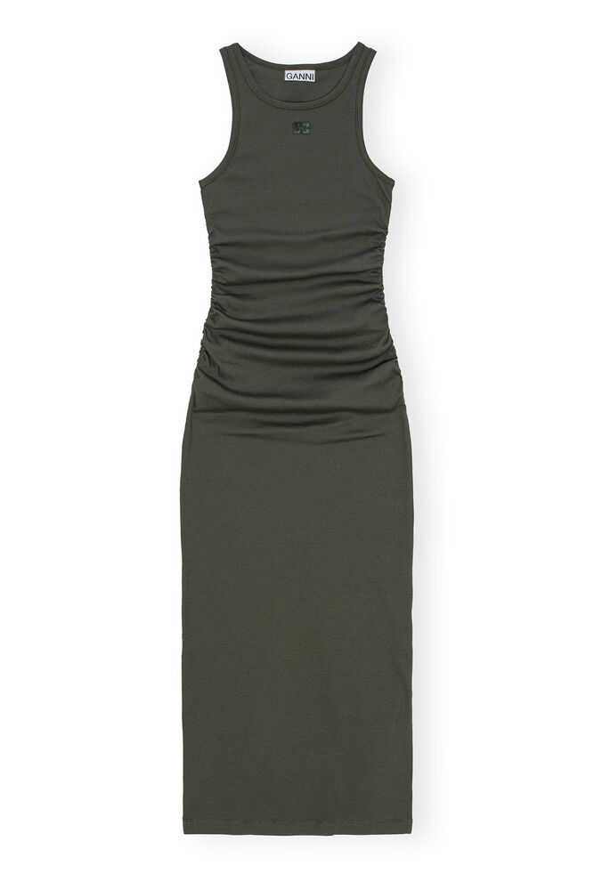 Green Soft Cotton Rib Tank Top Long Dress, Climbing Ivy