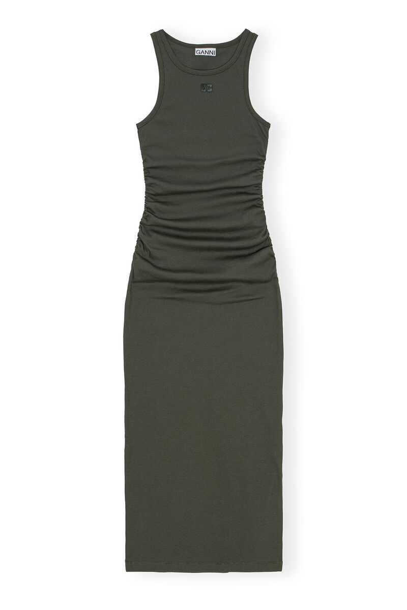 Green Soft Cotton Rib Tank Top Long Kleid, Elastane, in colour Climbing Ivy - 1 - GANNI