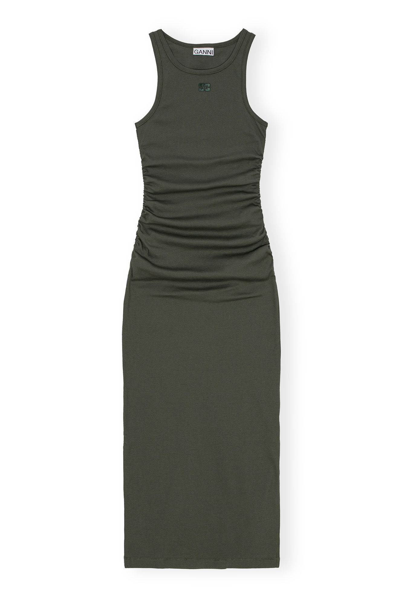 Green Soft Cotton Rib Tank Top Long Kleid, Elastane, in colour Climbing Ivy - 1 - GANNI