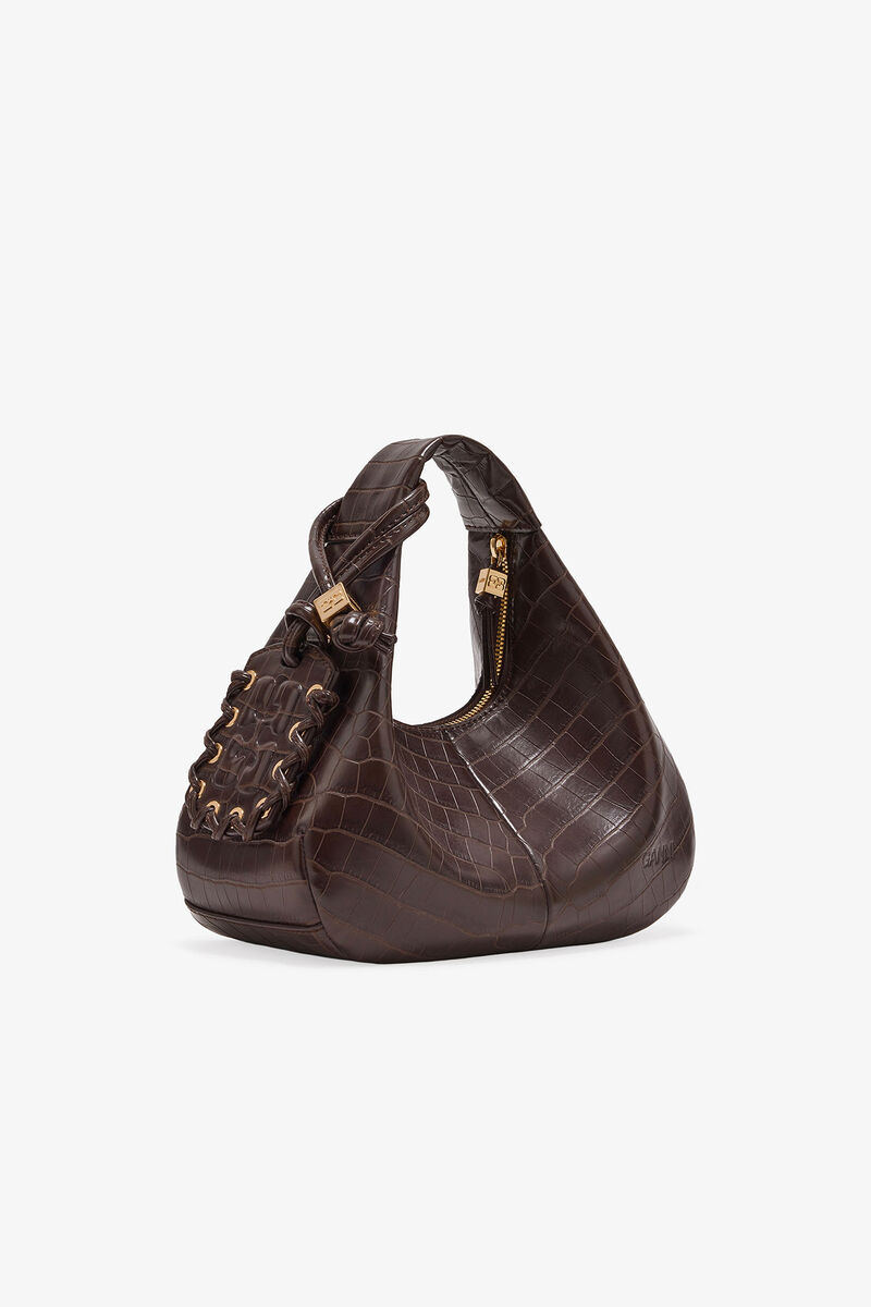 Brown Croco Mini Hobo Bag, Lyocell, in colour Chocolate Fondant - 8 - GANNI