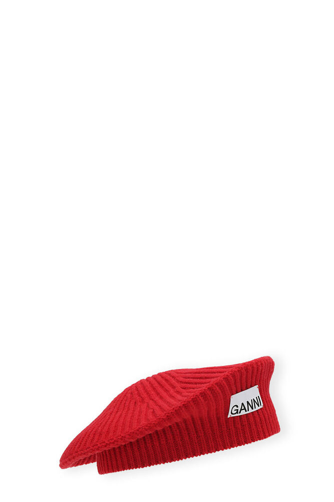 Red Wool Rib Knit Beret, Racing Red