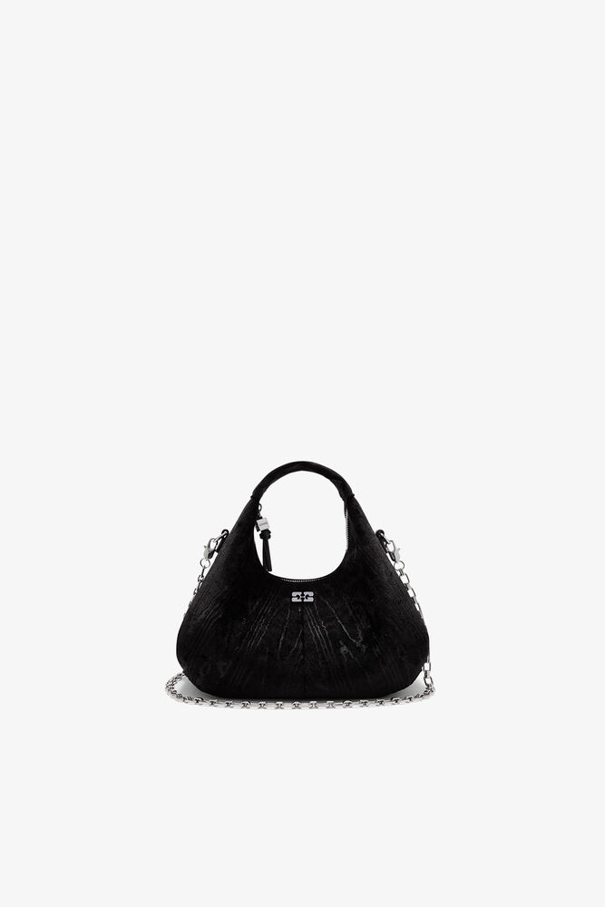 Velvet Moire Mini Hobo Bag, Black