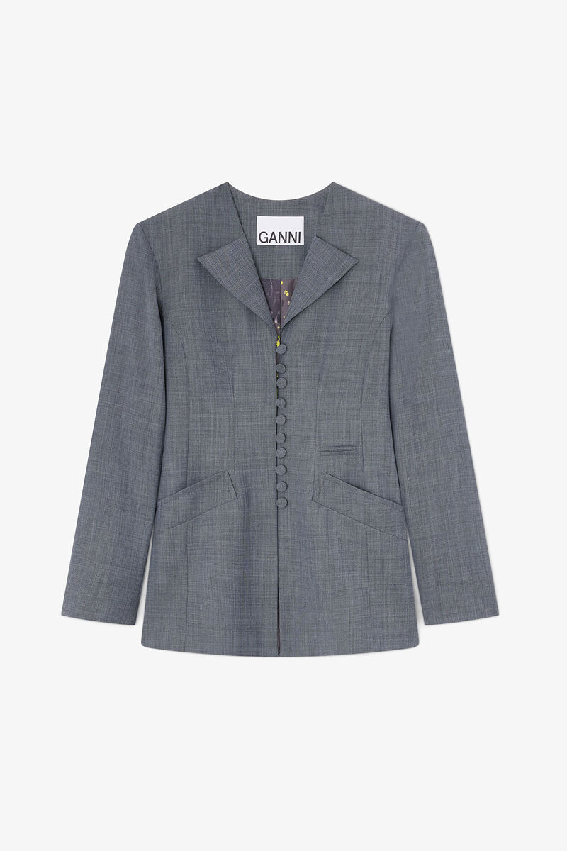Blazer in Grey Wool Melange, Wool, in colour Phantom - 1 - GANNI