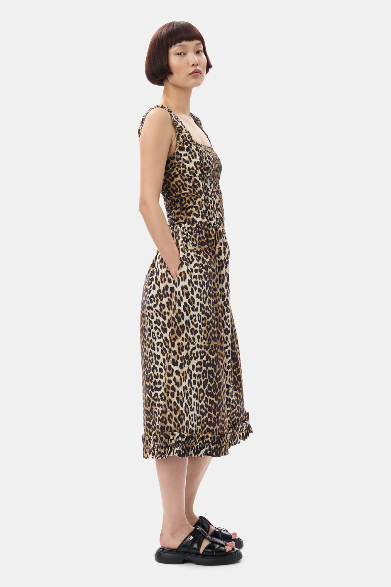 Leopard Printed Cotton Poplin Midi Strap Smock Dress, Cotton, in colour Leopard - 3 - GANNI