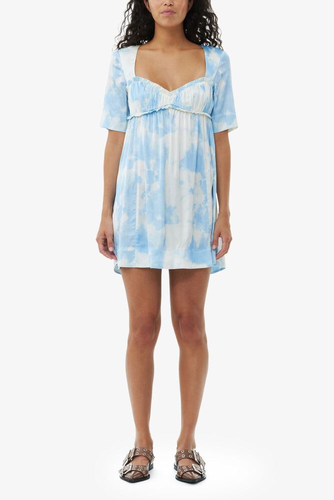 Printed Satin Short Sleeve Mini Dress, Powder Blue