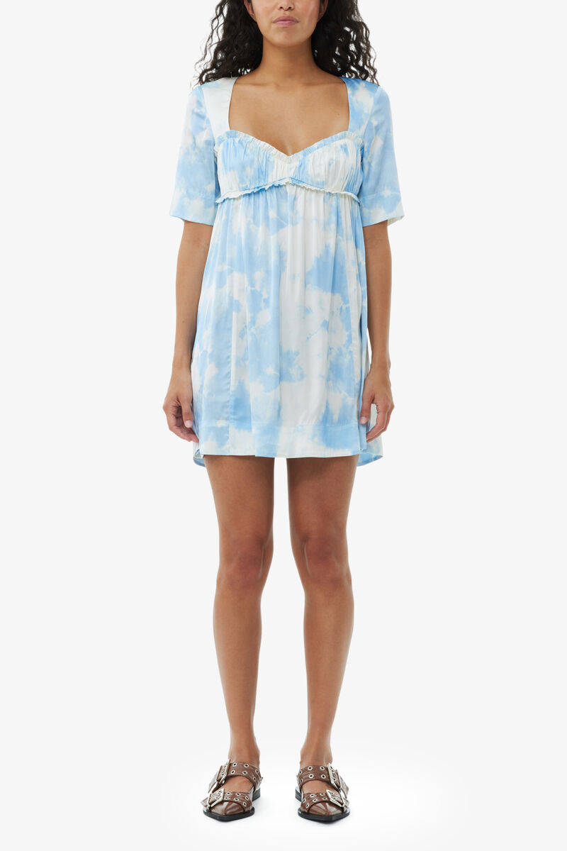 Printed Satin Short Sleeve Mini Dress, Elastane, in colour Powder Blue - 1 - GANNI