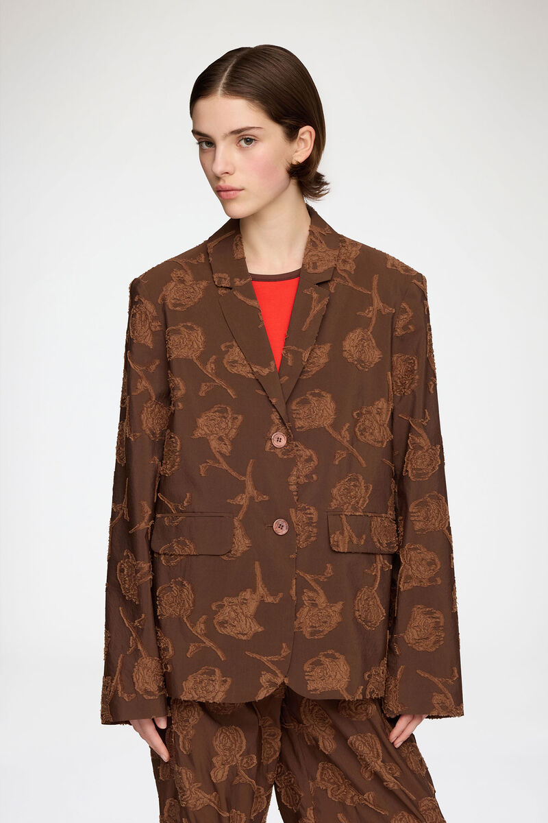 Blazer in Brown Fil Coupe, Recycled Cotton, in colour Cocoa Brown - 1 - GANNI