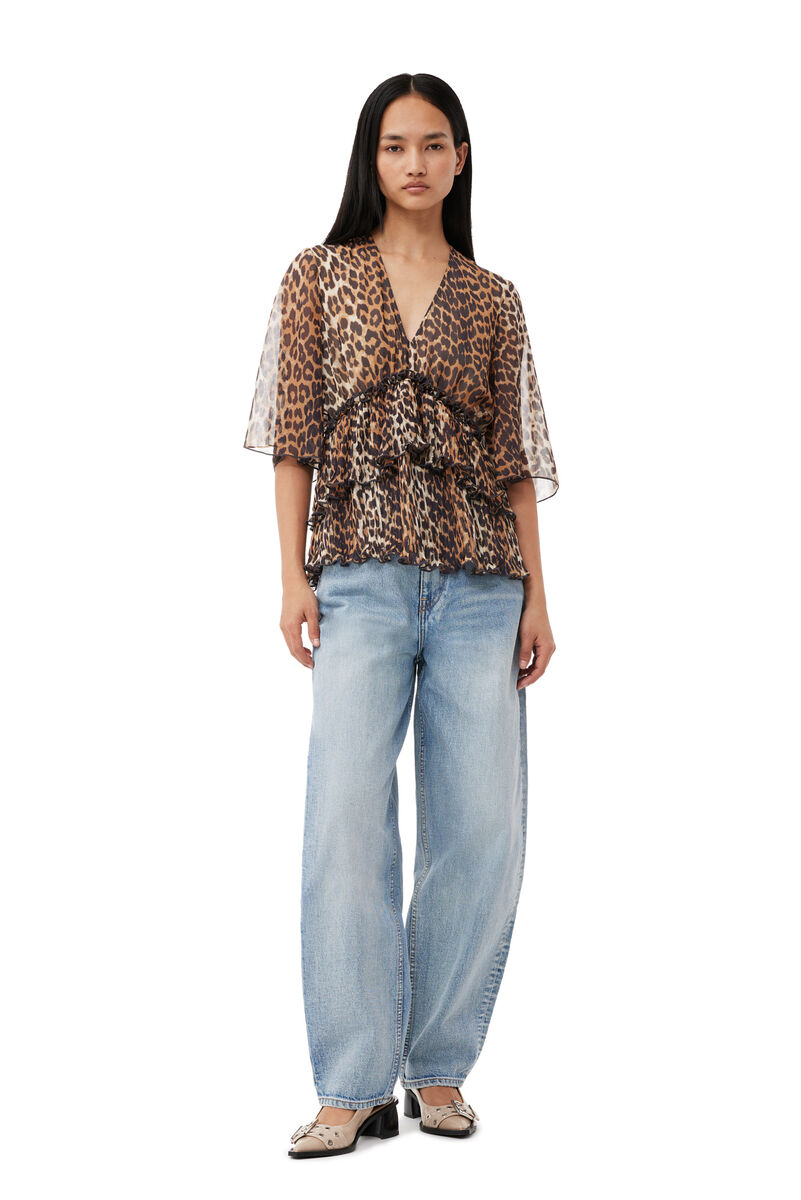 Leopard Pleated Georgette V-neck Flounce Blouse, Recycled Polyester, in colour Almond Milk - 2 - GANNI