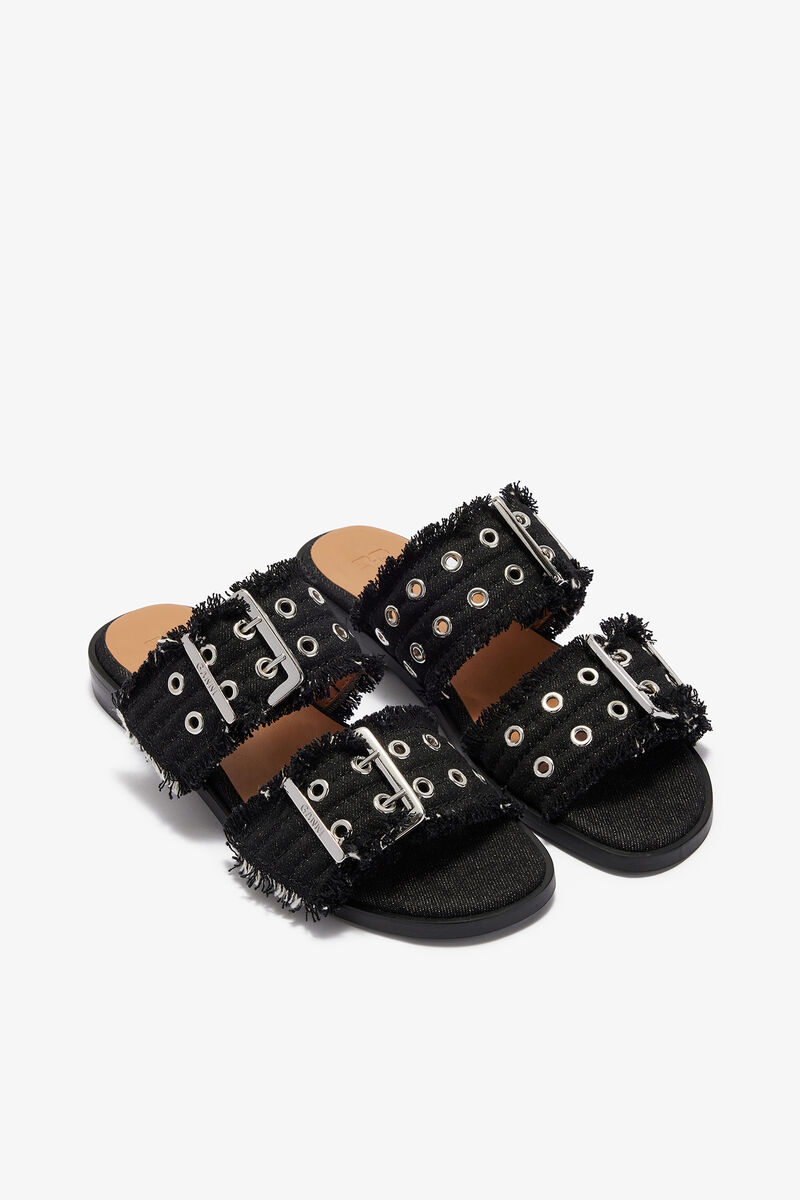 Feminine Buckle Two-Strap Sandals in Black, Cotton, in colour Black - 2 - GANNI