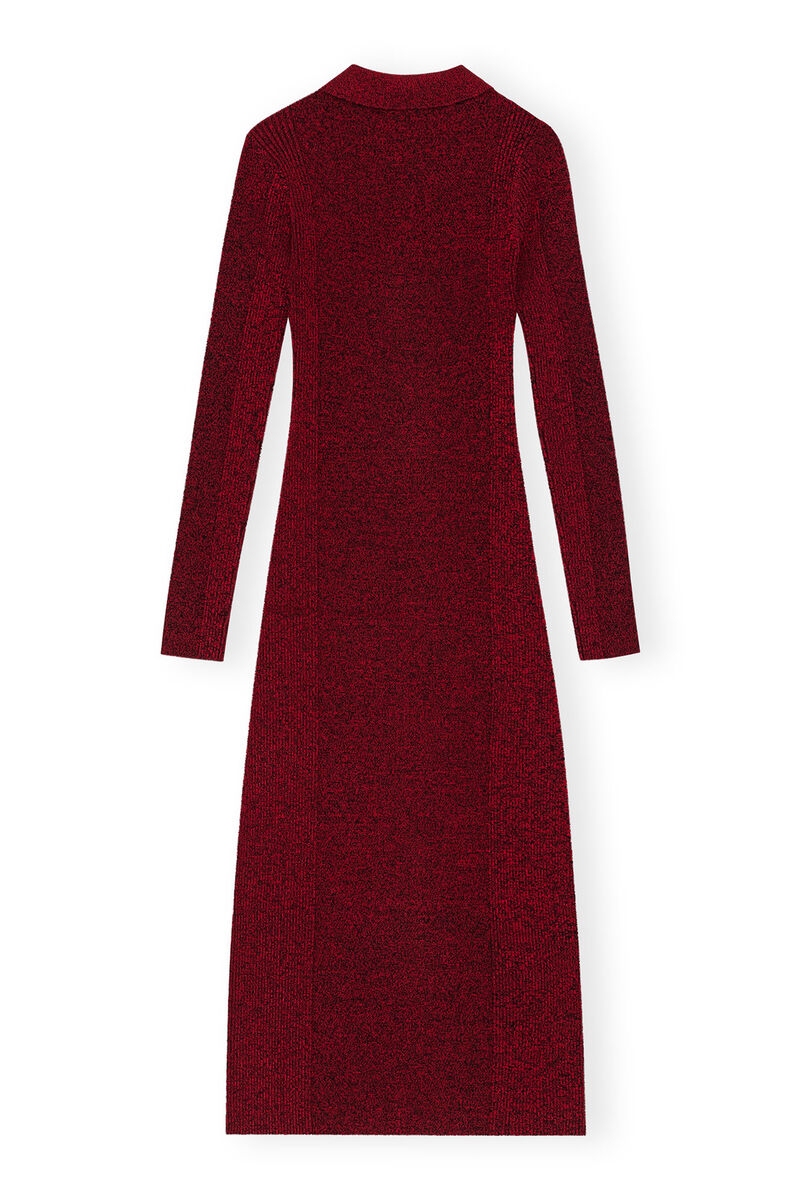 Red Melange Rib Polo Dress, Elastane, in colour High Risk Red - 2 - GANNI