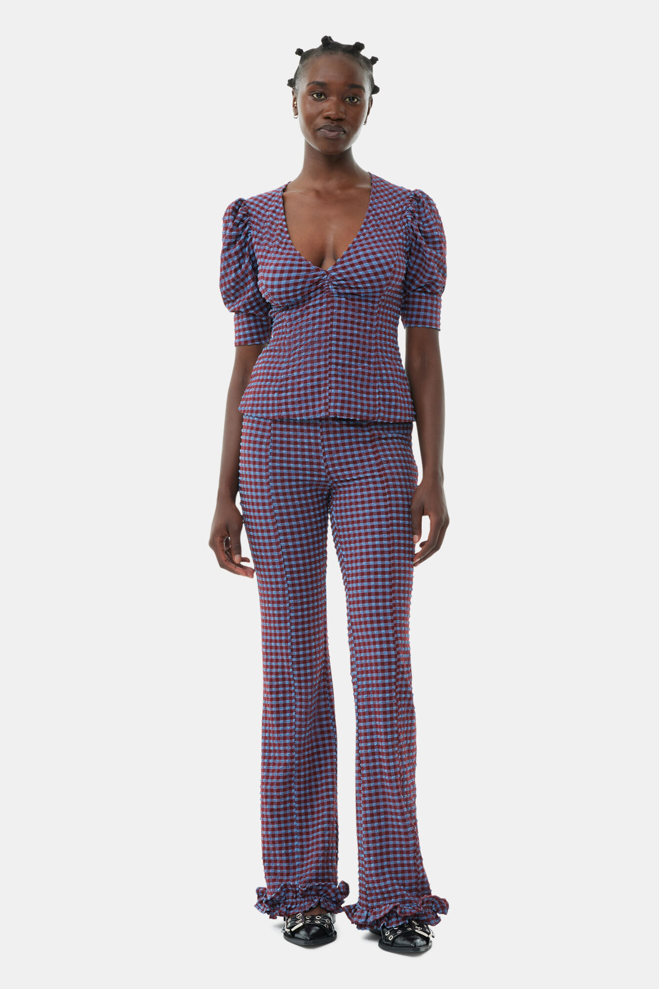 Checkered Stretch Seersucker Frill Trousers, Elastane, in colour Racing Red - 1 - GANNI