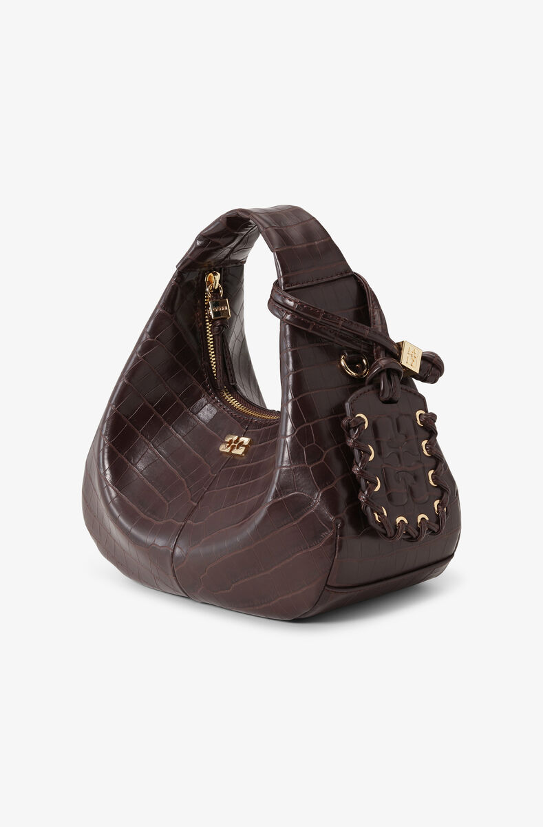 Braune Mini-Hobo-Tasche in Kroko-Optik, Lyocell, in colour Chocolate Fondant - 2 - GANNI