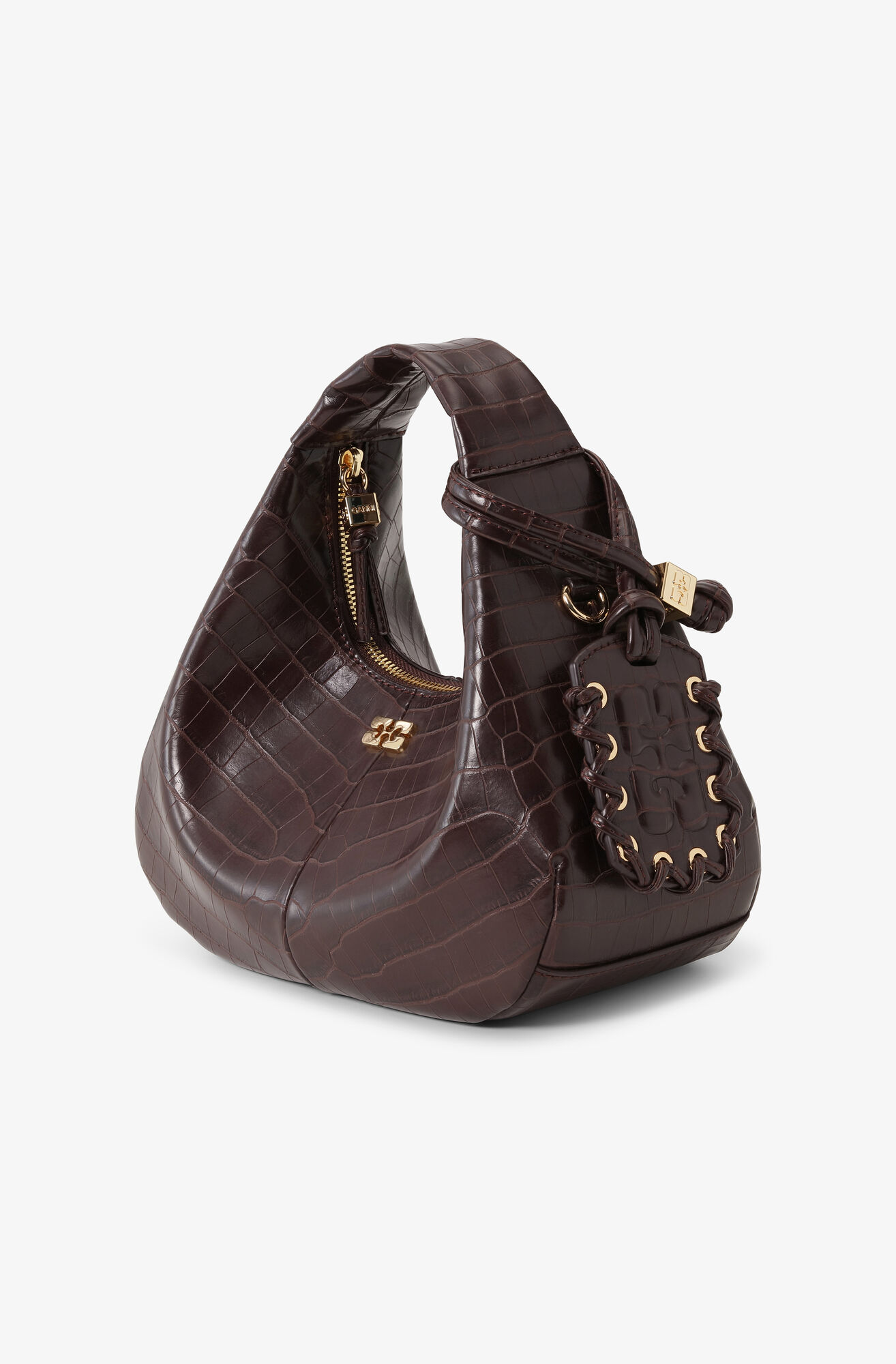 Braune Mini-Hobo-Tasche in Kroko-Optik, Lyocell, in colour Chocolate Fondant - 2 - GANNI