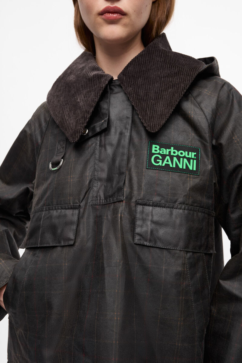 GANNI x Barbour Tartan Waxed Anorak, Organic Cotton, in colour Dark Green - 4 - GANNI