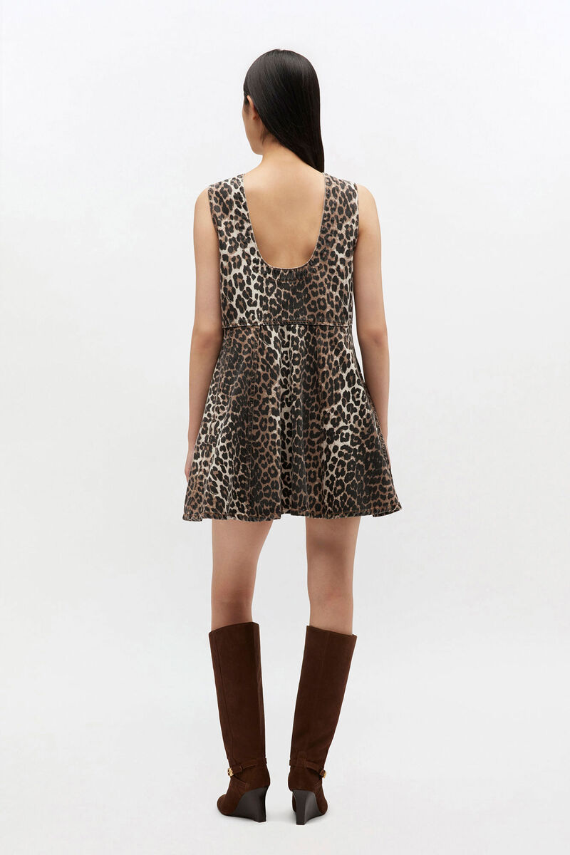 Leopard Denim Mini Dress, in colour Almond Milk - 3 - GANNI