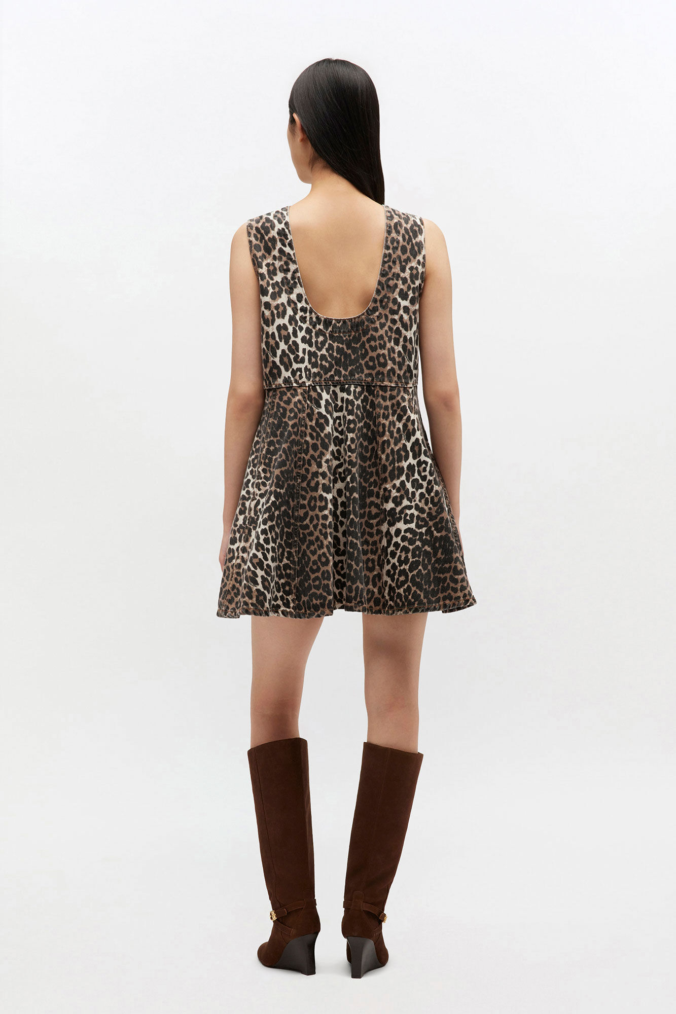 Leopard Denim Mini Dress, in colour Almond Milk - 3 - GANNI