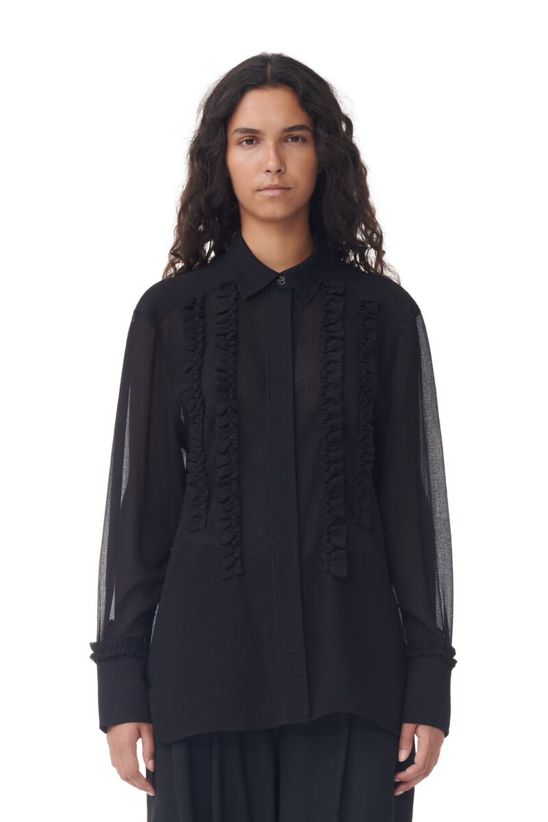 Black Chiffon Ruffle Skjorte, Recycled Polyester, in colour Black - 1 - GANNI