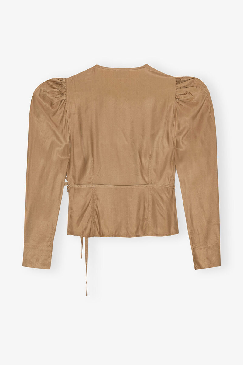 Brown Twill Wrap Blouse, Ecovero Viscose, in colour Tiger's Eye - 2 - GANNI