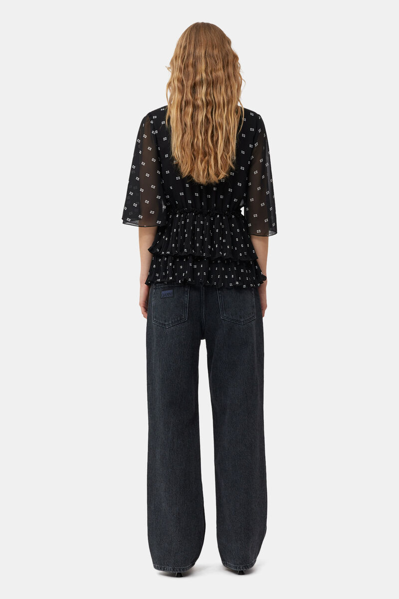 Black Pleated Georgette V-neck Flæsebluse, Recycled Polyester, in colour Black - 3 - GANNI