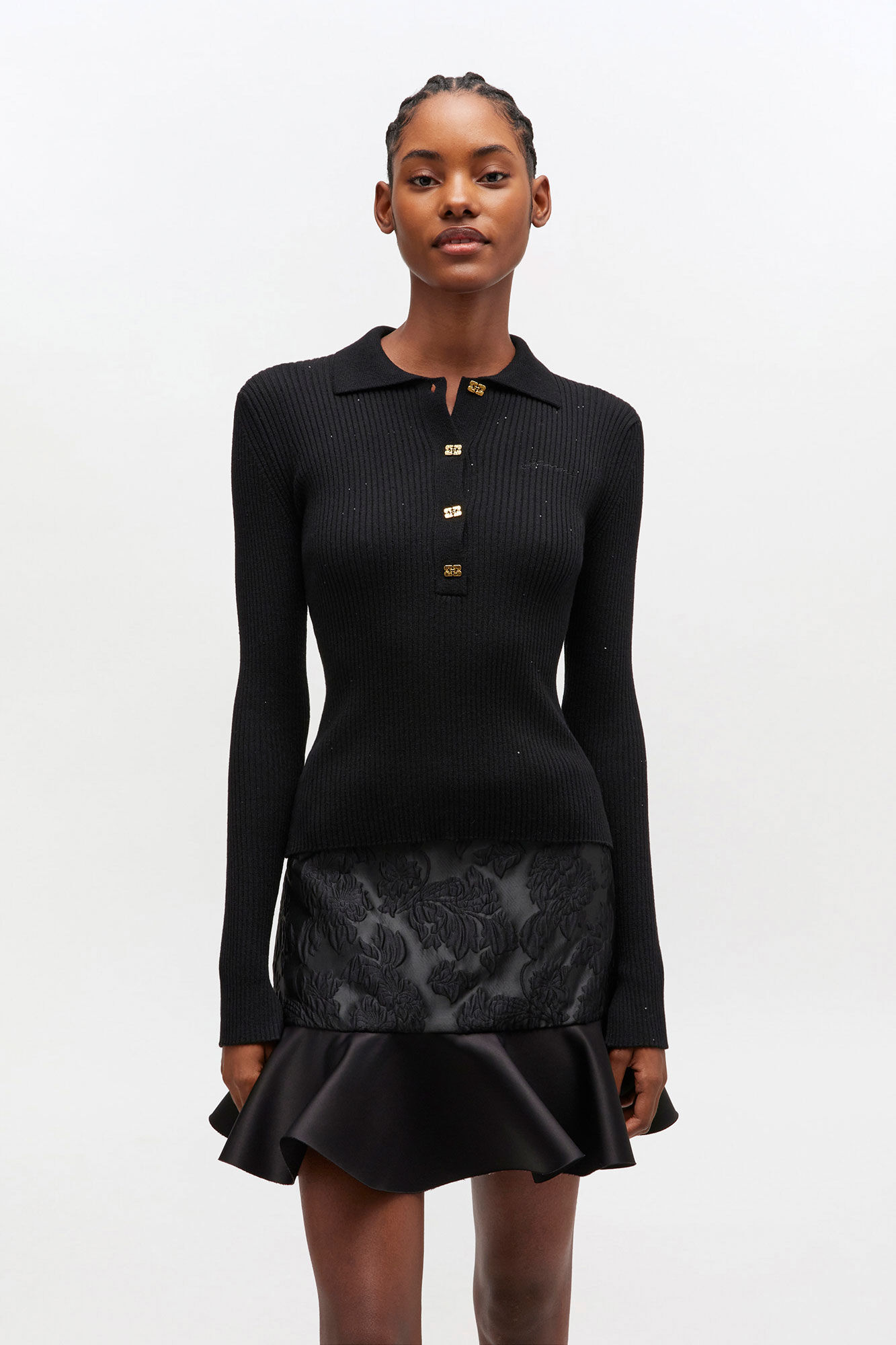 D&uuml;nnes Strick-Polo mit Pailletten, Wool, in colour Black - 1 - GANNI