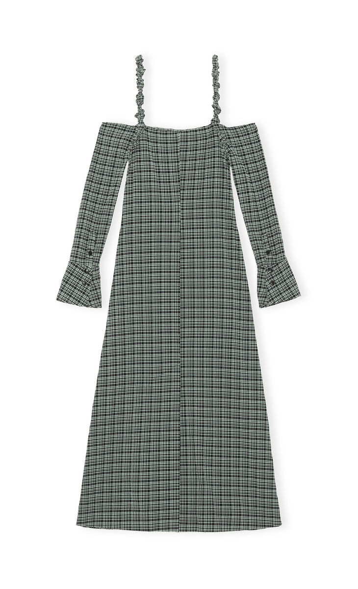 Seersucker Off-Shoulder Maxi Dress, Nylon, in colour Mini Check Green Bay - 2 - GANNI