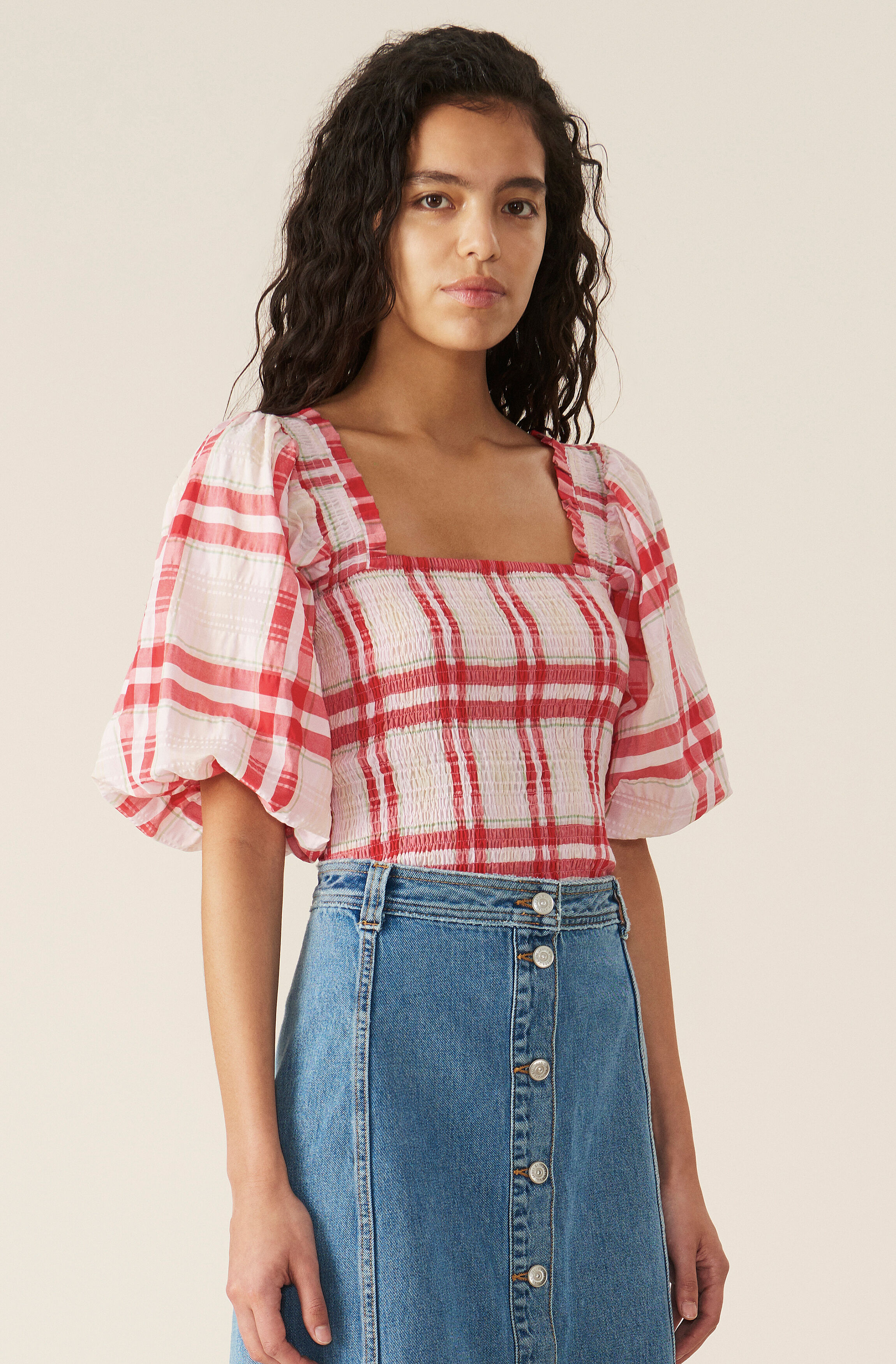 GANNI Seersucker Check Smock Top ( 155 