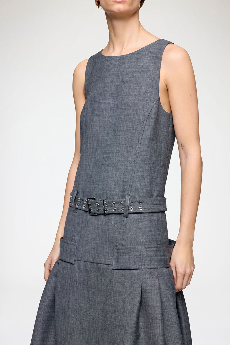 Dress in Grey Wool Melange, Wool, in colour Phantom - 3 - GANNI