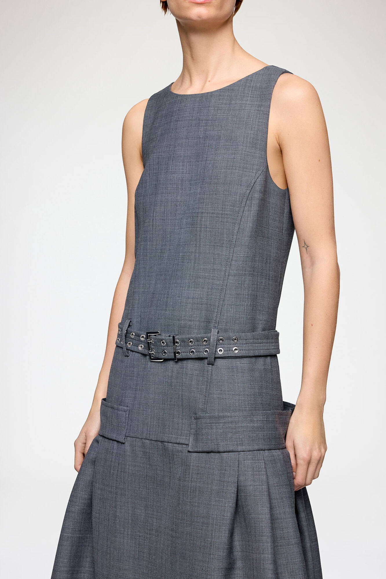 Dress in Grey Wool Melange, Wool, in colour Phantom - 3 - GANNI
