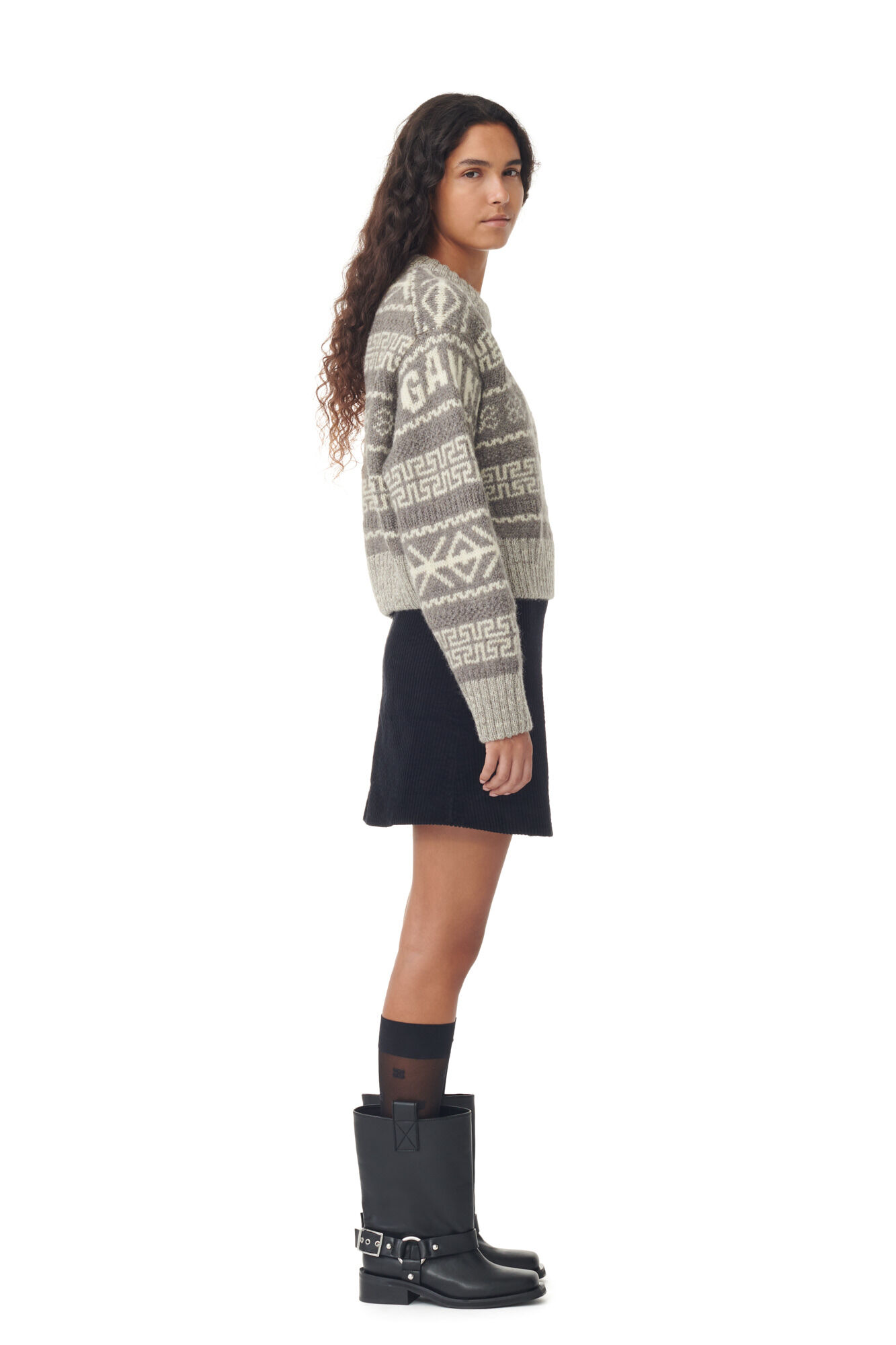 Grey Lambswool Cropped O-neck Pullover, Organic Wool, in colour Timber Wolf - 3 - GANNI