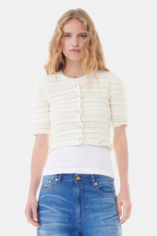 Ivory Pointelle Short Sleeve Cardigan, Egret