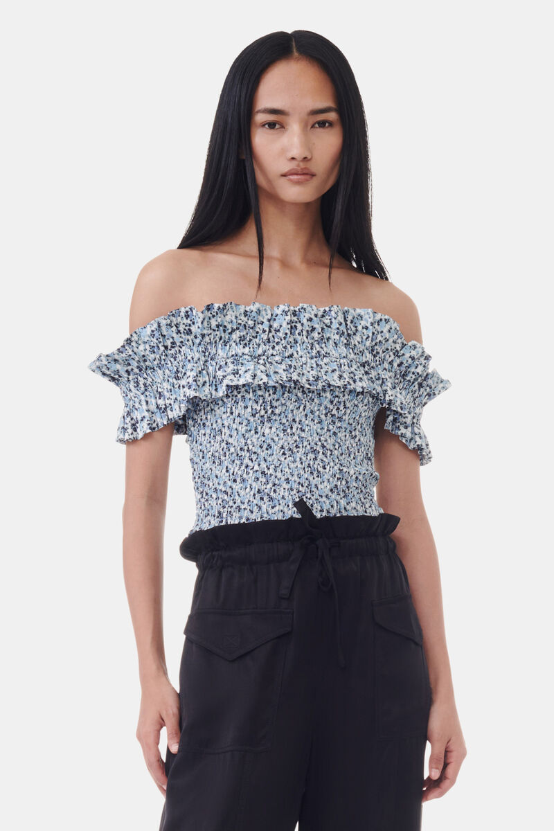 Glacier Lake Blue Floral Printed Cotton Off-shoulder Smock 