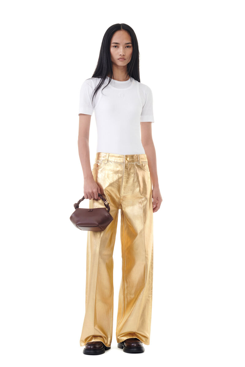 Gold Foil Wide-jeans, Cotton, in colour Egret - 1 - GANNI