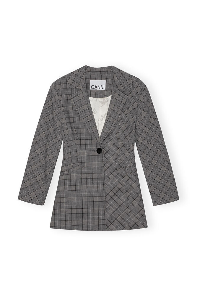 Grey Checkered Fitted Blazer, Frost Gray