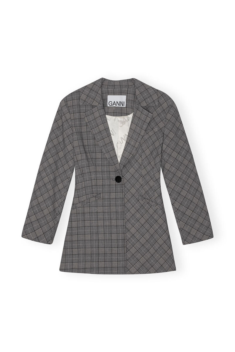 Grey Checkered Fitted Blazer, Elastane, in colour Frost Gray - 1 - GANNI