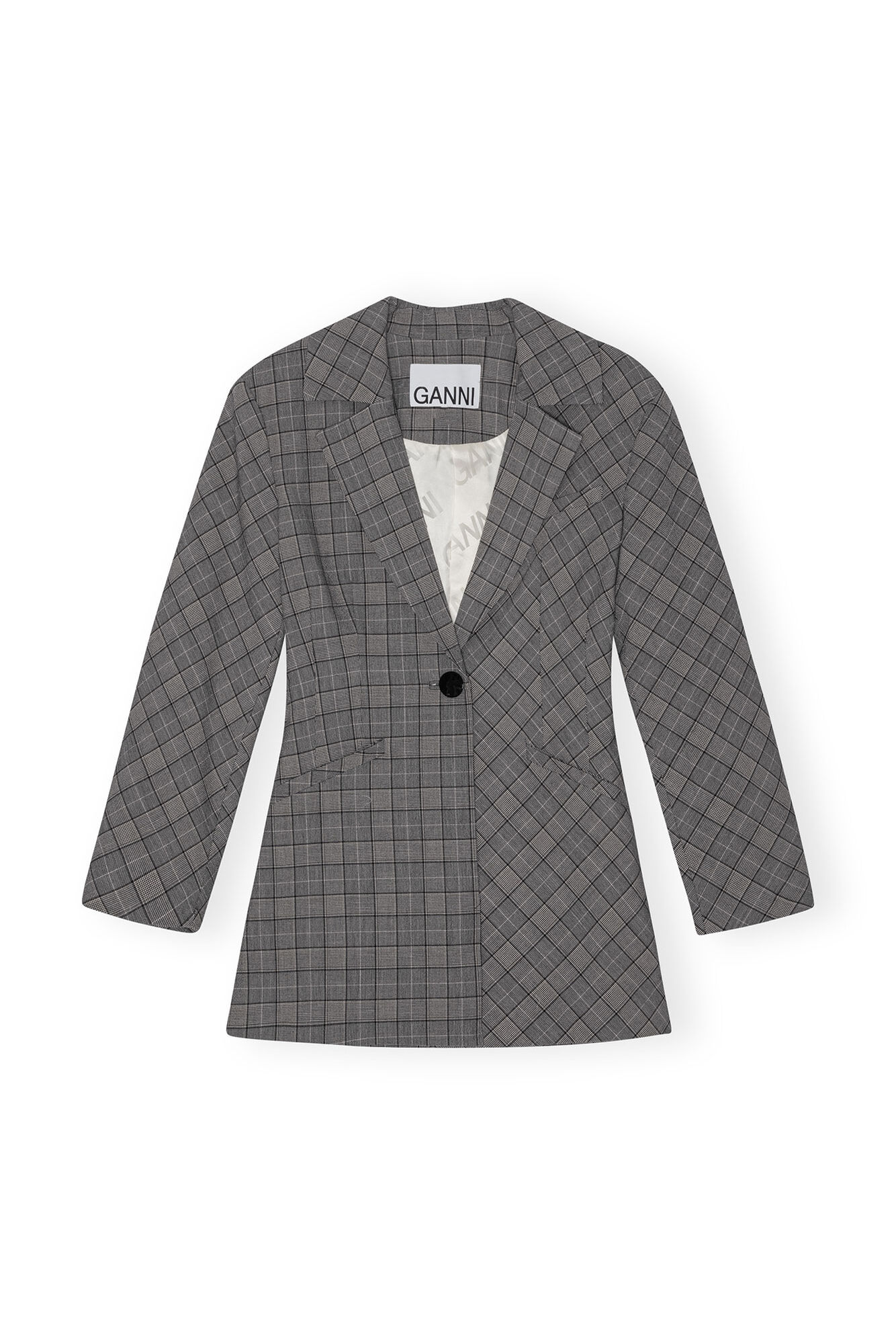 Grey Checkered Fitted Blazer, Elastane, in colour Frost Gray - 1 - GANNI