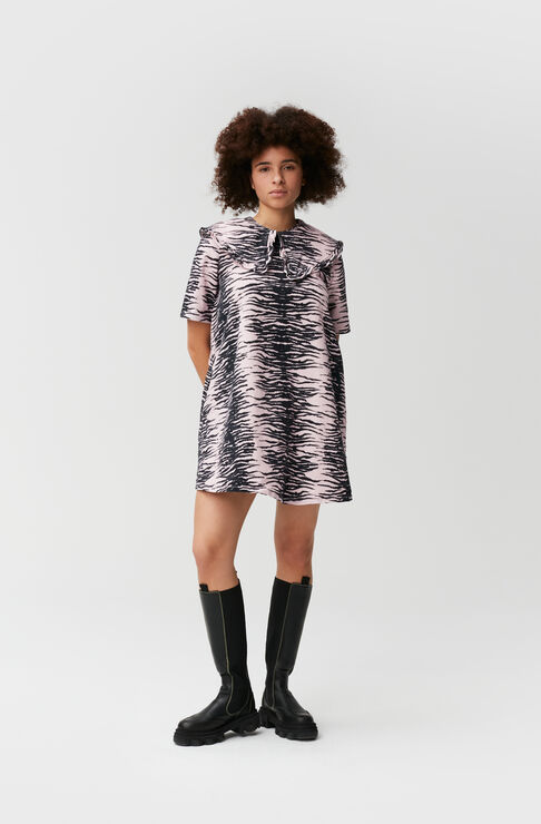 Ganni Chelsea-collar Zebra-print Denim Mini Dress In Pink Multi