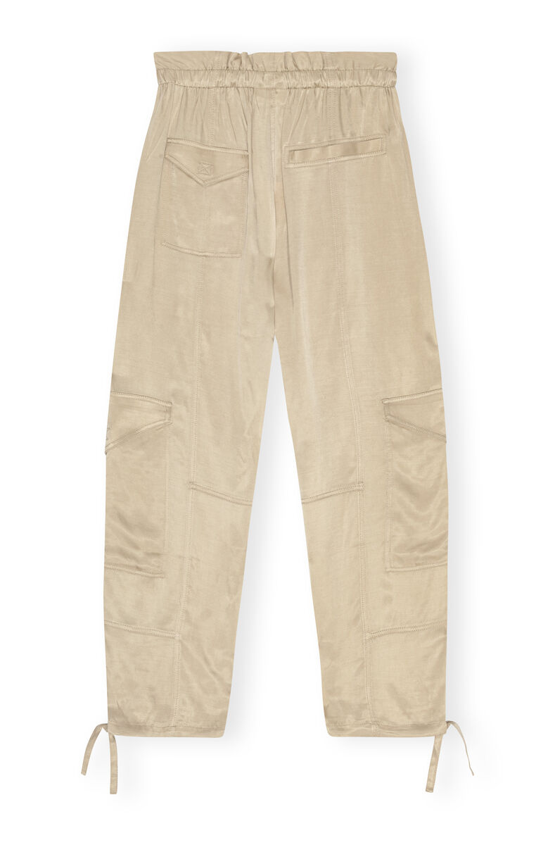 Beige Washed Satin Pocket-bukser, Cupro, in colour Safari - 2 - GANNI