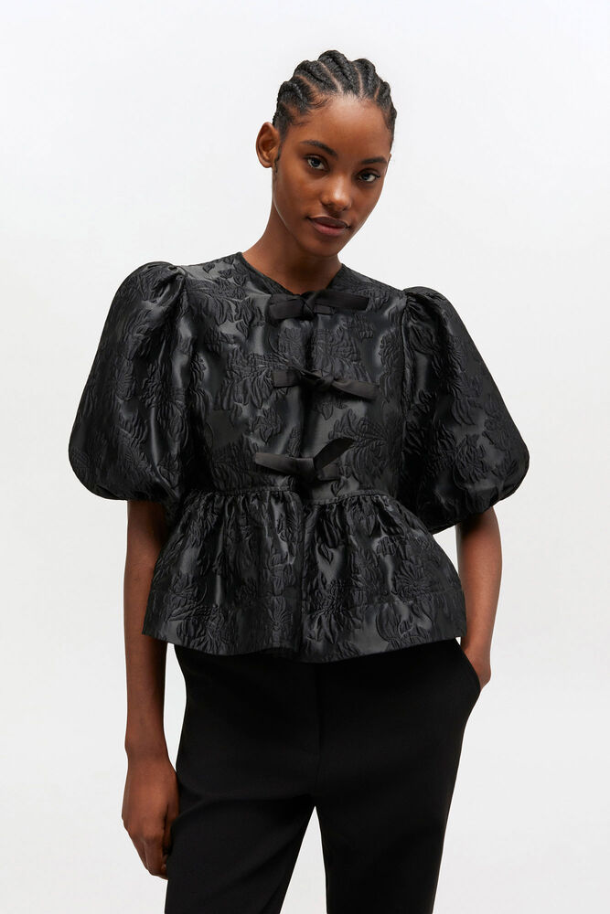 Satin Peplum Tie Blouse, Jet Black