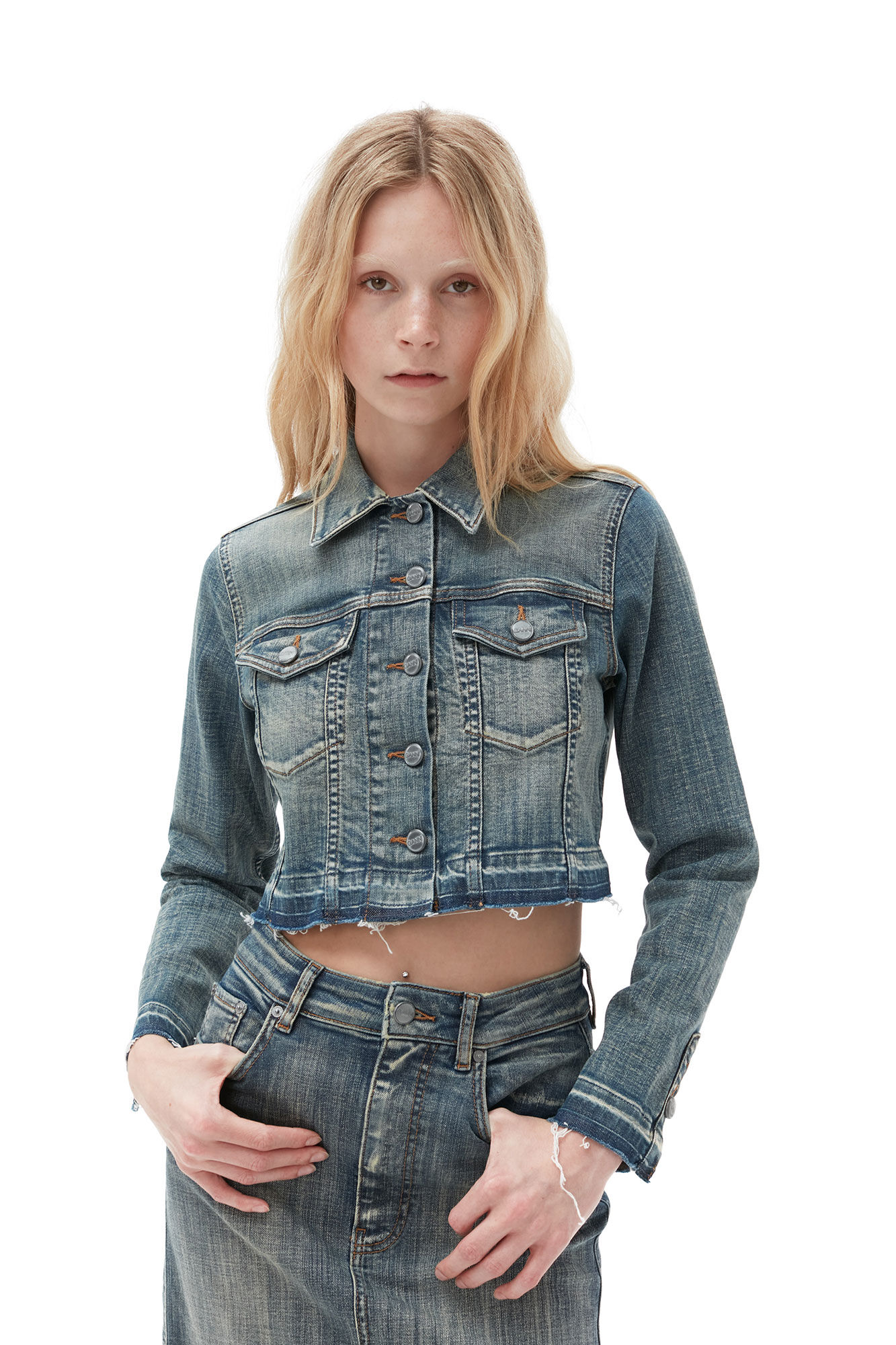 Tint Edge Denim Cropped Jacket, Elastane, in colour Tint Wash - 1 - GANNI