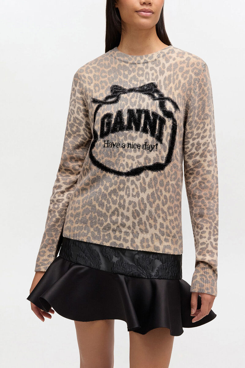Graphic Wool Jumper, Wool, in colour Leopard - 1 - GANNI