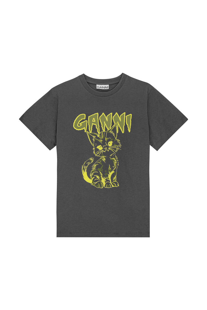 Relaxed Cat T-shirt, Cotton, in colour Volcanic Ash - 1 - GANNI